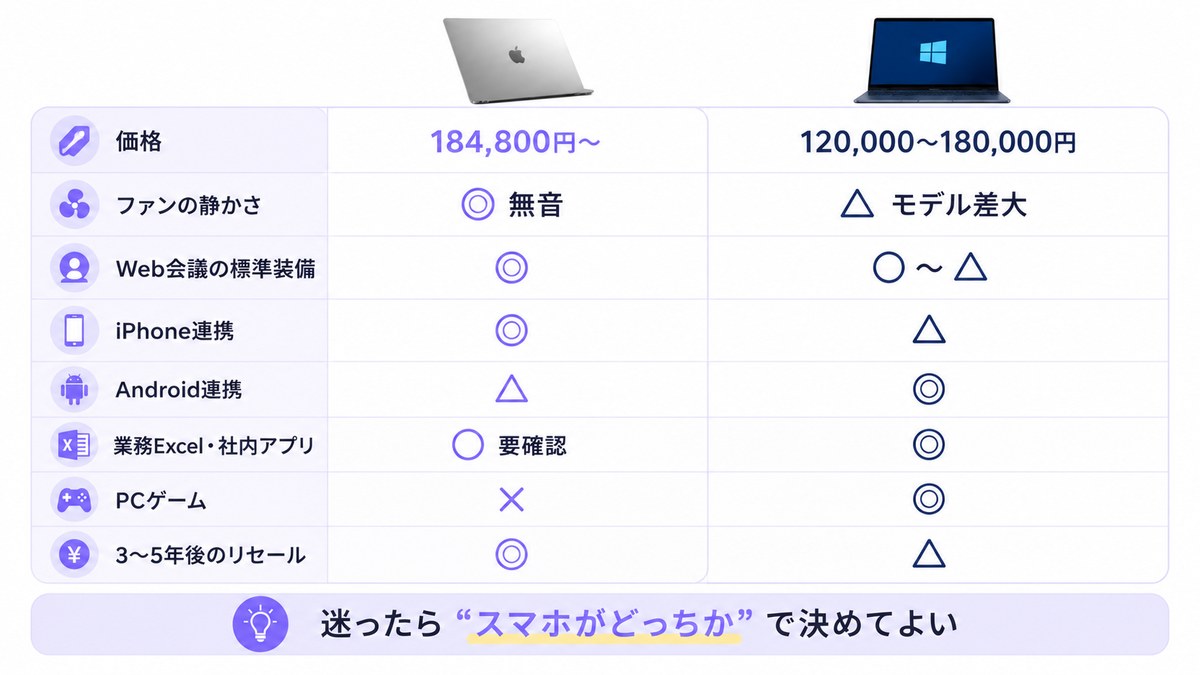 Mac vs Windows 在宅ワーク比較まとめ:価格184,800円〜/120,000〜180,000円、ファンの静かさ◎無音/△モデル差大、Web会議の標準装備◎/○〜△、iPhone連携◎/△、Android連携△/◎、業務Excel○要確認/◎、PCゲーム×/◎、3〜5年後のリセール◎/△。迷ったらスマホがどっちかで決めてよい