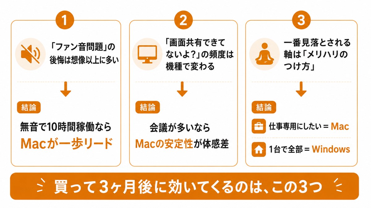 在宅ならではの隠れ論点3つ:①ファン音問題の後悔は想像以上に多い→無音で10時間稼働ならMacが一歩リード②画面共有できてない問題の頻度は機種で変わる→会議が多いならMacの安定性が体感差③一番見落とされる軸はメリハリのつけ方→仕事専用にしたいならMac/1台で全部ならWindows。買って3ヶ月後に効いてくるのはこの3つ
