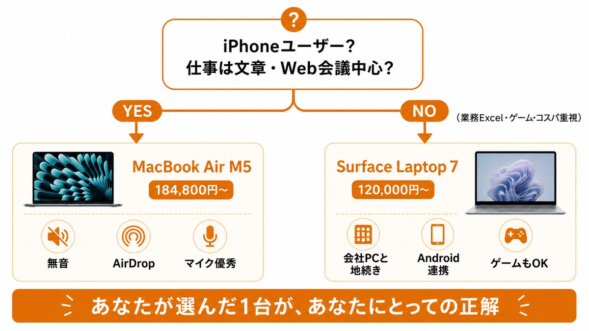 あなたはどっち?2択診断:iPhoneユーザーで仕事が文章・Web会議中心ならMacBook Air M5(184,800円〜・無音・AirDrop・マイク優秀)、業務Excel/ゲーム/コスパ重視ならSurface Laptop 7(120,000円〜・会社PCと地続き・Android連携・ゲームもOK)。あなたが選んだ1台が、あなたにとっての正解