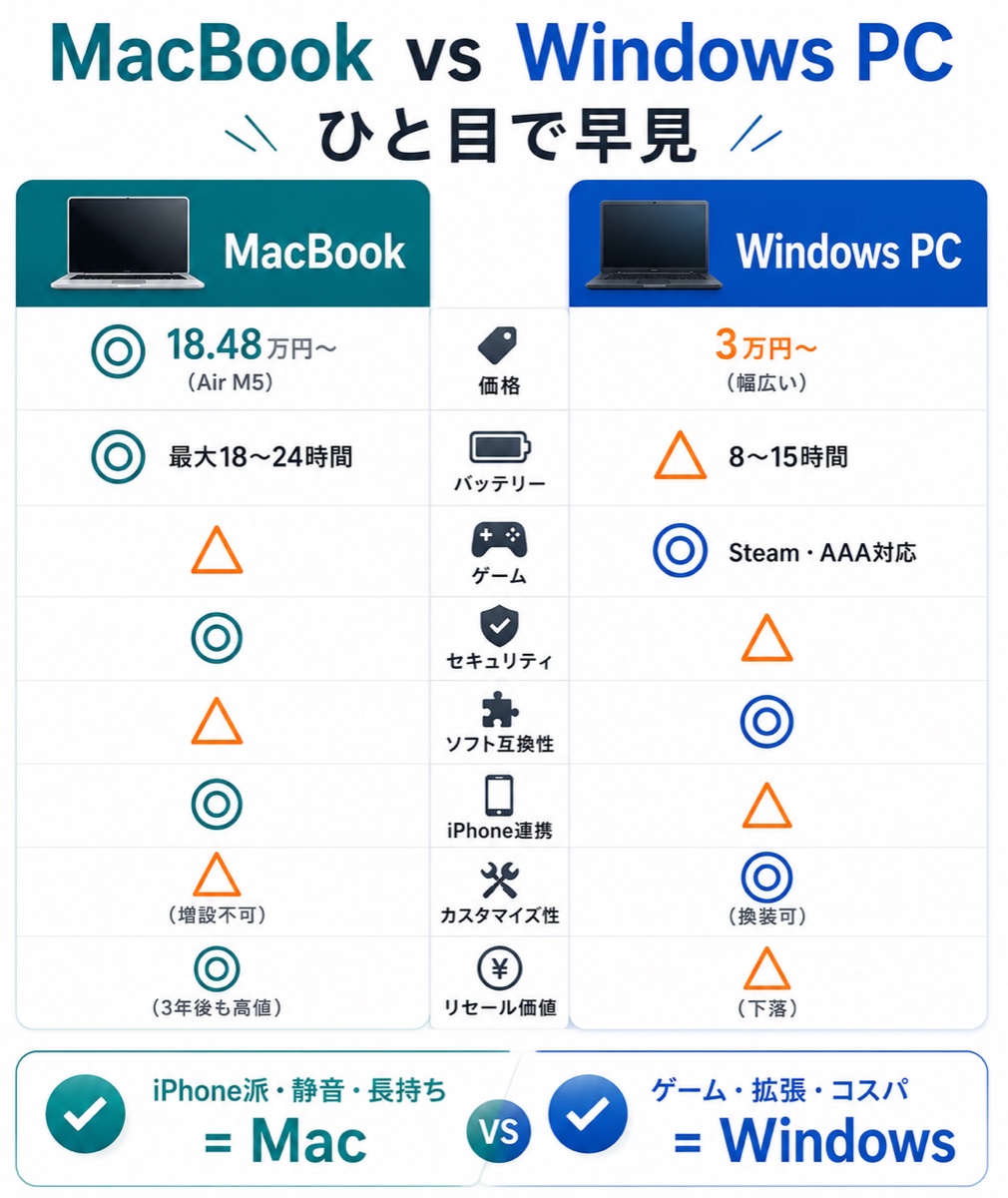 MacBookとWindows PCをひと目で早見。価格18.48万円〜vs3万円〜、バッテリー最大18〜24時間vs8〜15時間、ゲーム△vs◎、セキュリティ◎vs△、iPhone連携◎vs△、リセール◎vs△の比較図
