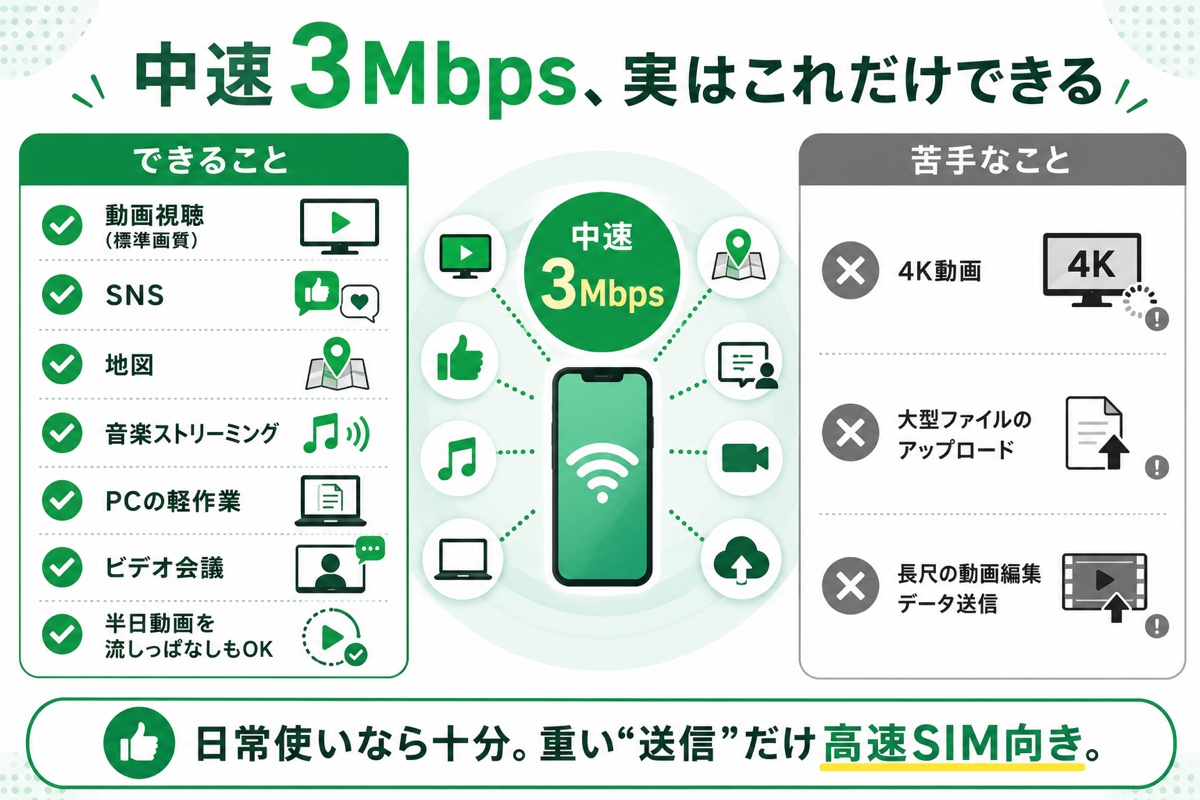 mineo中速3Mbpsでできること図解。動画視聴・SNS・地図・音楽・PCの軽作業・半日動画はOK、4K動画や大型アップロードは不向き