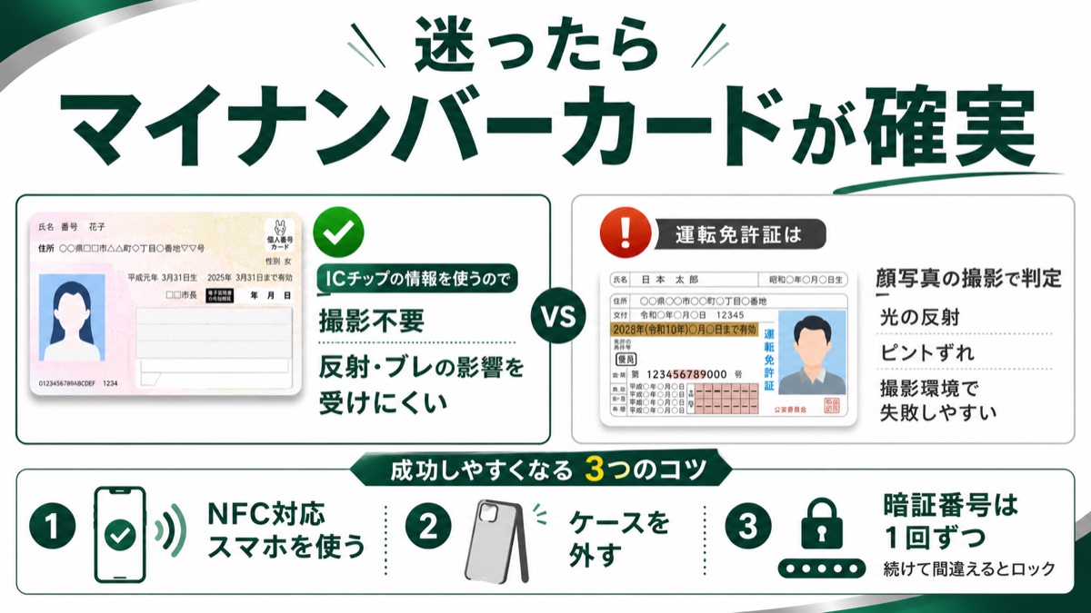 mineoの本人確認の図解。マイナンバーカードが最も確実、NFC対応スマホでケースを外し暗証番号は1回ずつ、免許証は顔写真撮影で失敗しやすい