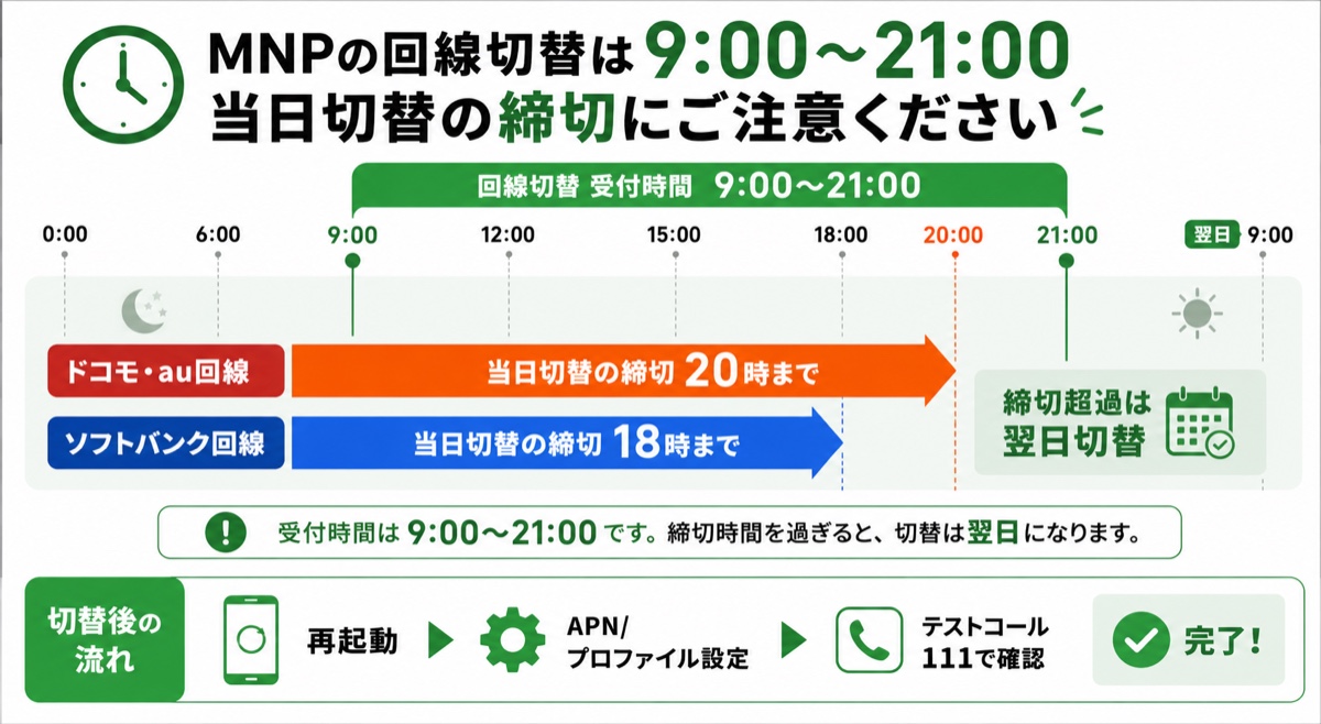 mineoの回線切替の時間ルール図解。受付9〜21時、当日切替の締切はドコモ・au回線20時・ソフトバンク回線18時