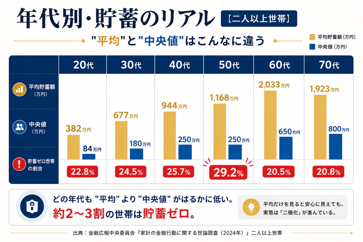 年代別・貯蓄のリアル（二人以上世帯）。平均と中央値、貯蓄ゼロ世帯の割合。20代：平均382万円・中央値84万円・貯蓄ゼロ22.8%、30代：677万円・180万円・24.5%、40代：944万円・250万円・25.7%、50代：1,168万円・250万円・29.2%、60代：2,033万円・650万円・20.5%、70代：1,923万円・800万円・20.8%