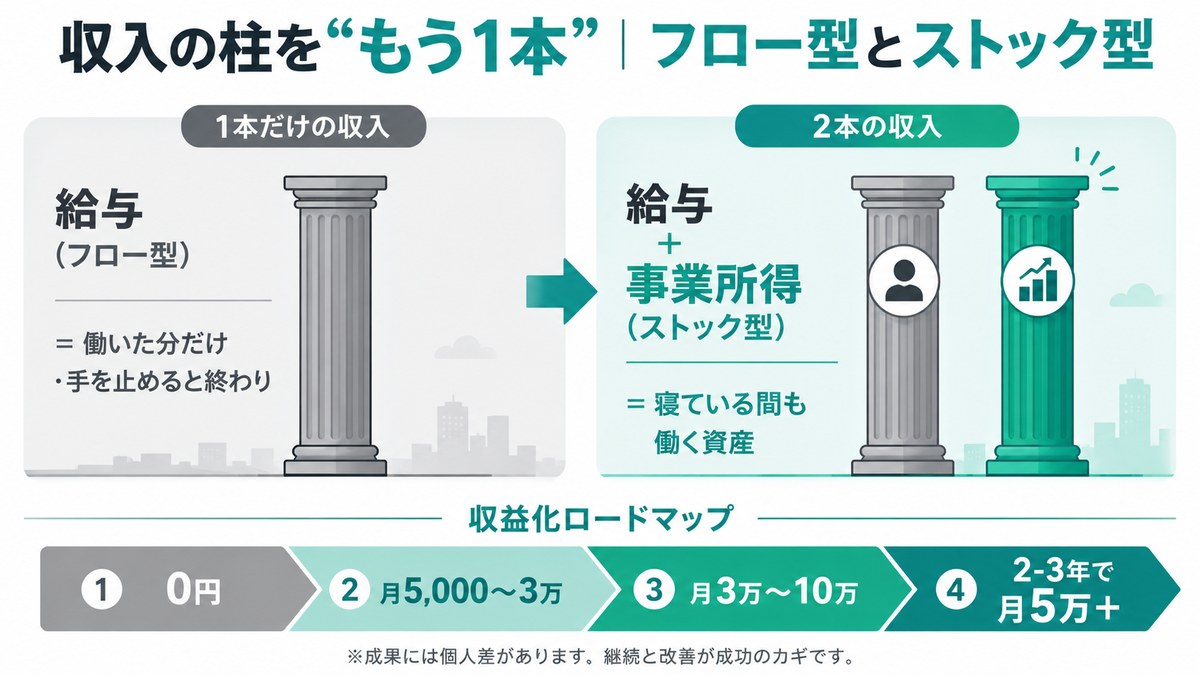 収入の柱をもう1本：給与だけ(フロー型・手を止めると終わり)から、給与＋事業所得(ストック型・寝ている間も働く資産)へ。収益化ロードマップ0円→月5千〜3万→3万〜10万→2-3年で月5万＋