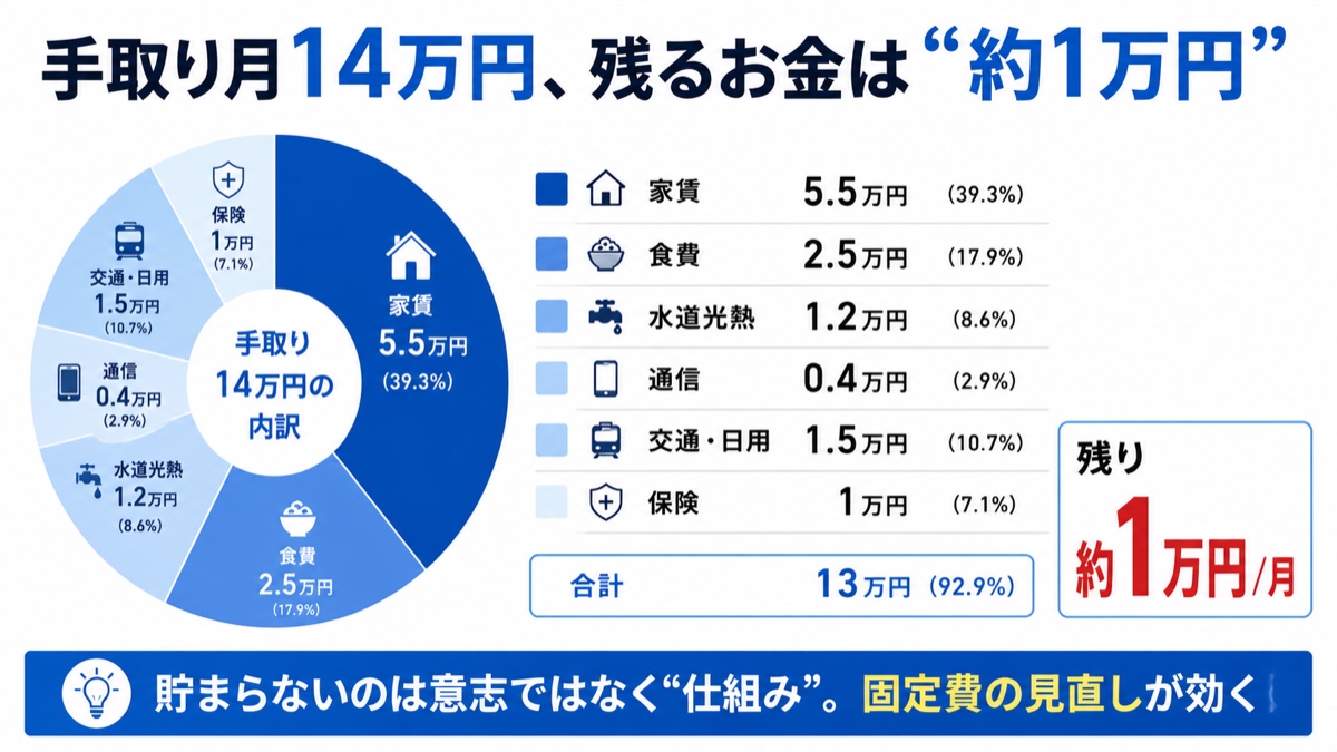 図解：手取り月14万円の家計内訳例。家賃5.5万・食費2.5万・光熱費1.2万・通信費0.4万・交通日用品1.5万・保険1万で、残るのは月約1万円。