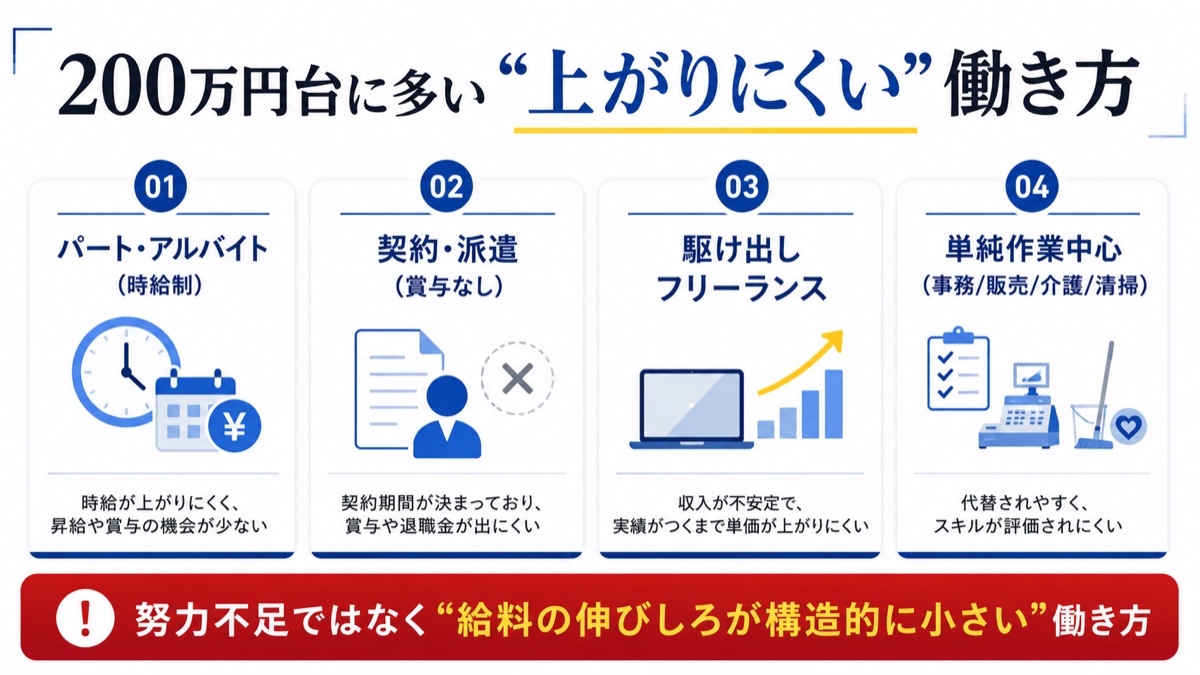 図解：年収200万円台に多い働き方。パート・アルバイト/契約・派遣/駆け出しフリーランス。賞与なし・昇給わずかで伸びしろが構造的に小さい。