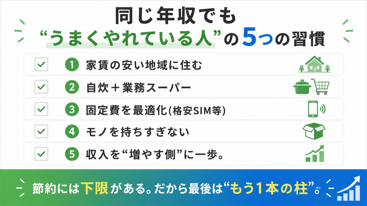 図解：同じ年収200万円台でもうまくやれている人の5つの共通点。家賃の安い地域/自炊と業務スーパー/固定費の最適化/ミニマル思考/収入を増やす側に一歩。