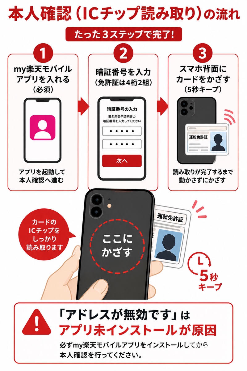 楽天モバイルのICチップ本人確認の流れ図解。my楽天モバイルアプリ必須・暗証番号を入力・スマホ背面にカードをかざす、エラー時は自宅受け取り確認に切替