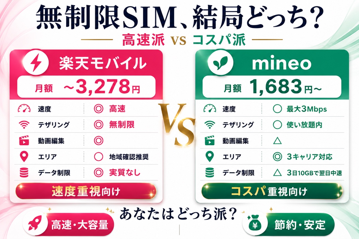 楽天モバイルとmineoの無制限比較図解。料金・速度・テザリング・動画編集・エリア・データ制限を一覧で比較