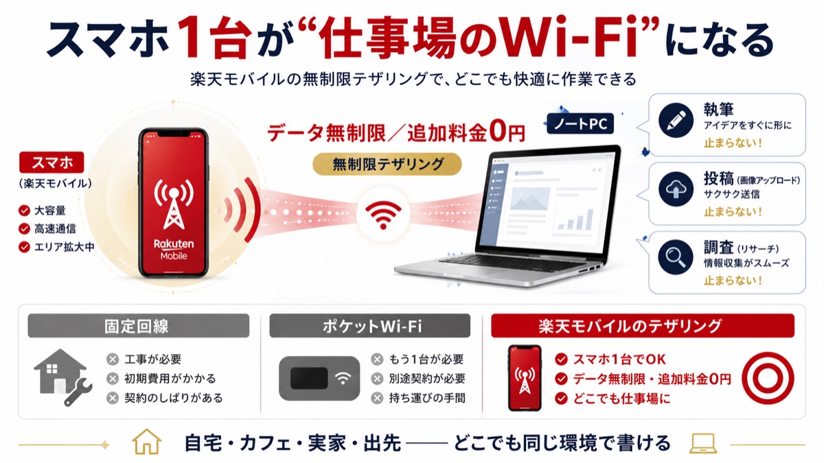 スマホ1台が仕事場のWi-Fiになる図解。楽天モバイルの無制限テザリングでスマホからノートPCへ接続し、執筆・投稿・調査が止まらない