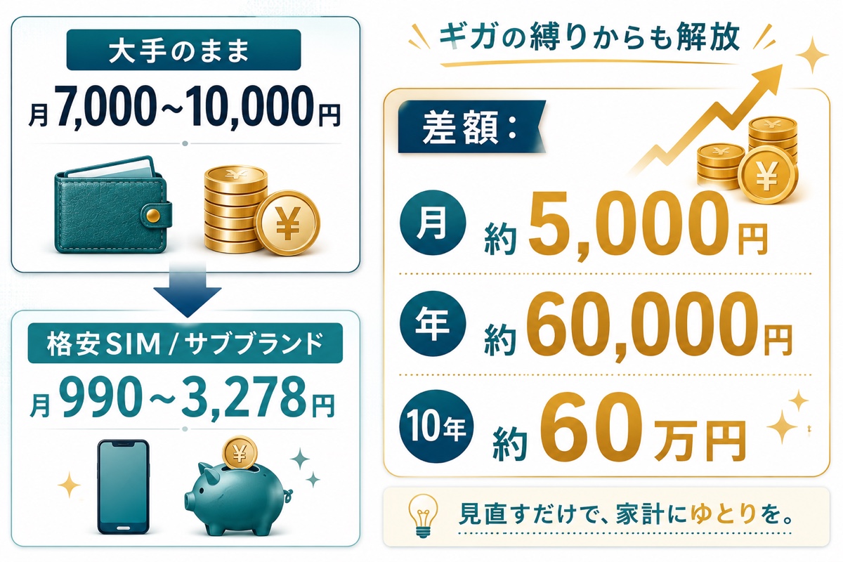 大手7000〜10000円から格安SIM990〜3278円への乗り換えで月約5000円・年約6万円・10年で約60万円が浮くことを示す家計インパクトの図解