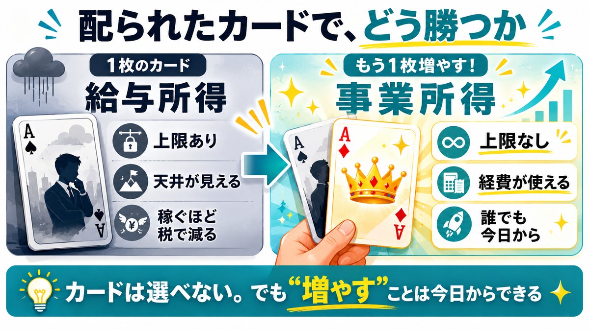 配られたカードでどう勝つか：1枚のカード「給与所得」=上限あり・天井が見える・稼ぐほど税で減る vs もう1枚増やす「事業所得」=上限なし・経費が使える・誰でも今日から。カードは選べないが増やすことは今日からできる