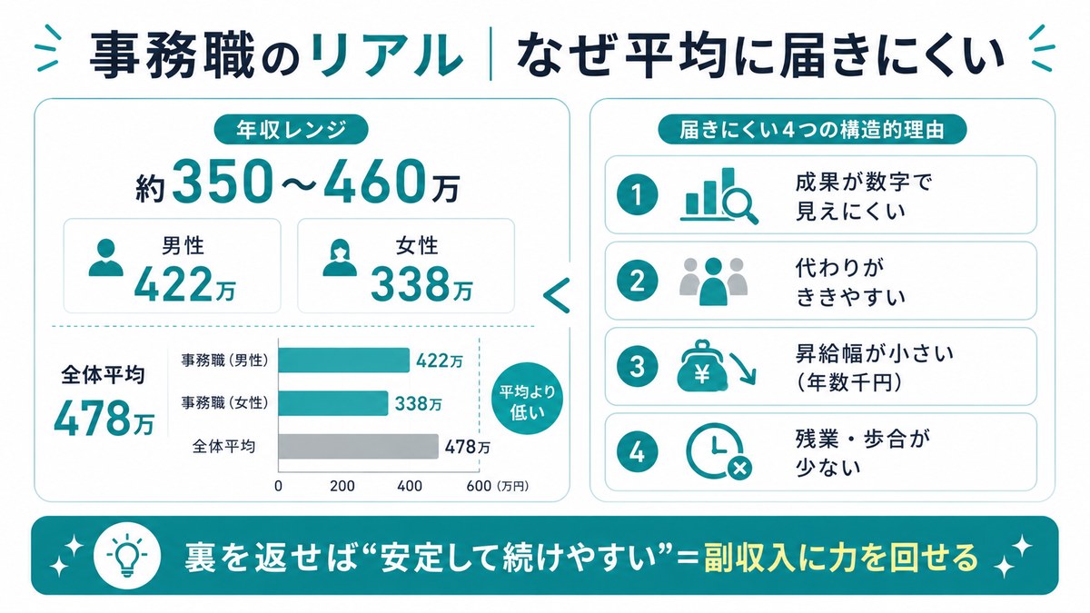 事務職のリアル（なぜ平均に届きにくい）：年収レンジ約350〜460万円、男性422万・女性338万で全体平均478万より低い。届きにくい4つの構造的理由＝①成果が数字で見えにくい②代わりがききやすい③昇給幅が小さい(年数千円)④残業・歩合が少ない。裏を返せば安定して続けやすい＝副収入に力を回せる