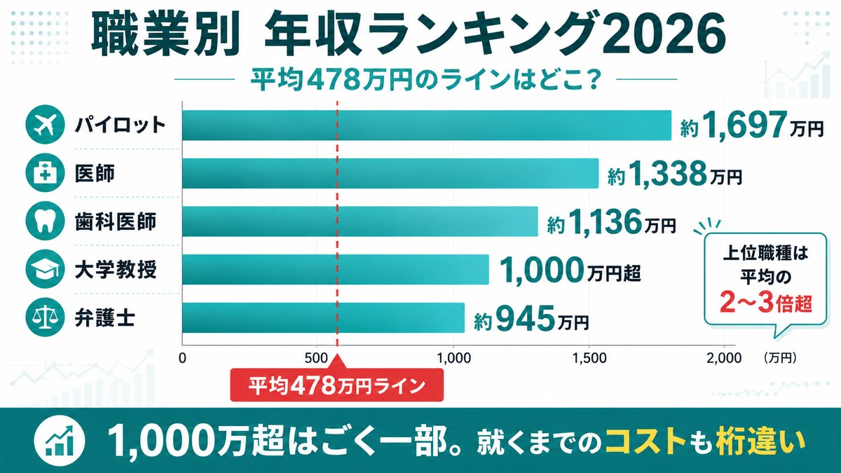 職業別年収ランキング2026（平均478万円のラインはどこ？）：パイロット約1,697万円、医師約1,338万円、歯科医師約1,136万円、大学教授1,000万円超、弁護士約945万円。上位職種は平均の2〜3倍超。1,000万超はごく一部、就くまでのコストも桁違い
