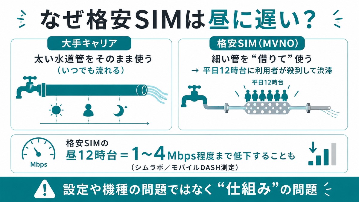 なぜ格安SIMは昼に遅い？大手キャリア=太い水道管をそのまま使う(いつでも流れる)／格安SIM(MVNO)=細い管を借りて使う→平日12時台に利用者が殺到して渋滞。格安SIMの昼12時台=1〜4Mbps程度まで低下することも(シムラボ/モバイルDASH測定)。設定や機種の問題ではなく仕組みの問題