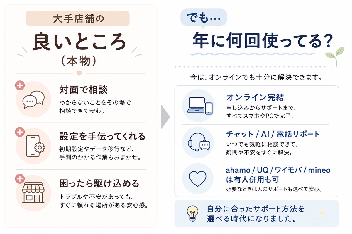 大手の店舗のメリット(対面相談・設定サポート・駆け込める)と、その利用頻度やオンライン/チャットサポートで代替できる点を優しく検証する図解