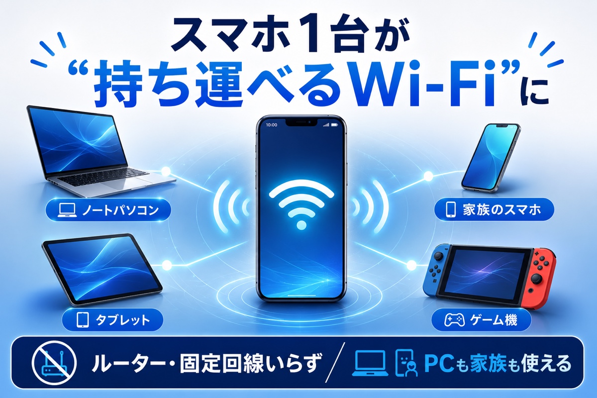 テザリングの仕組み図解。スマホ1台からパソコン・タブレット・家族のスマホへ通信を分け、ルーターいらずで使える