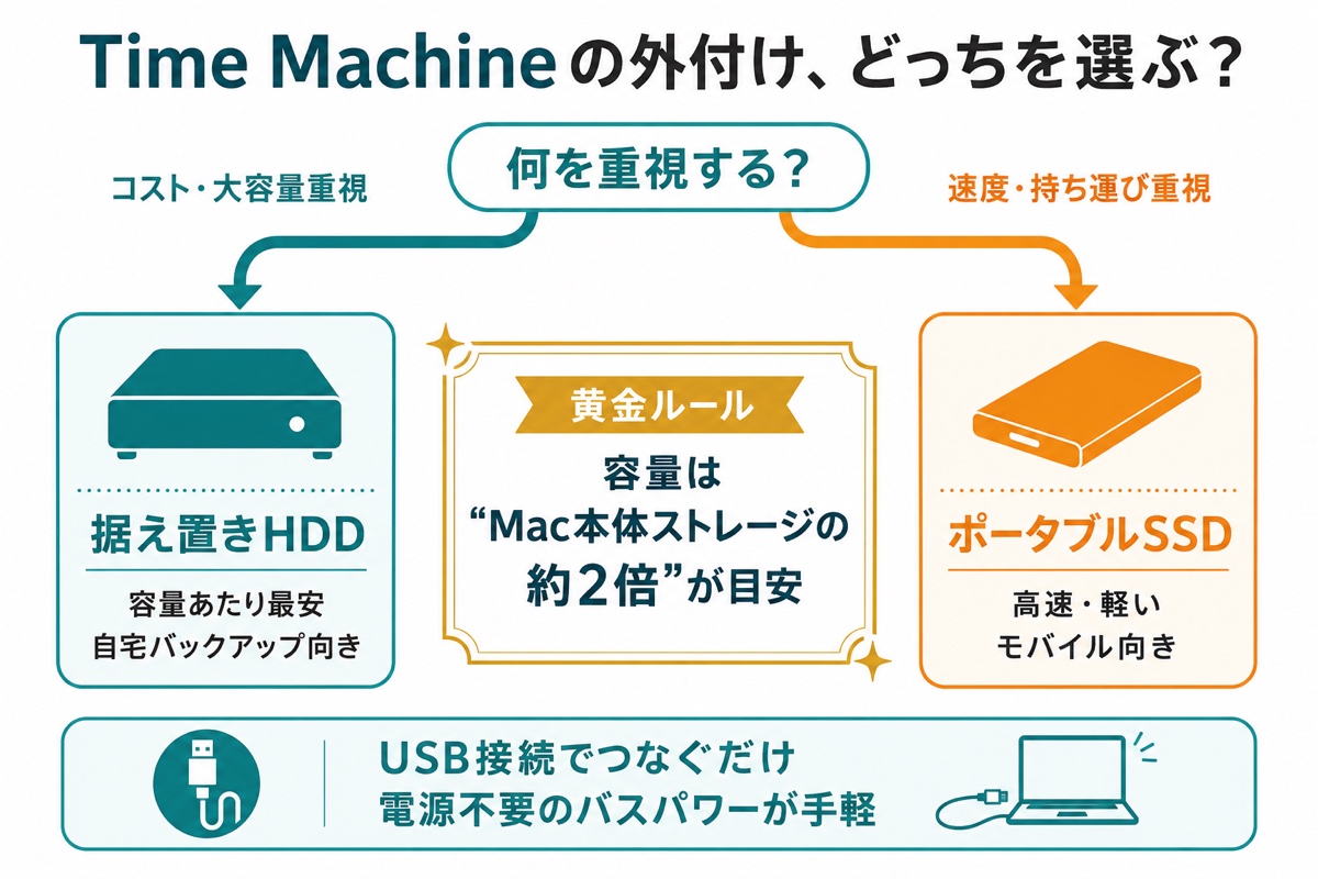 Time Machineの外付けストレージ選び方フローチャート。コスト・大容量重視なら据え置きHDD、速度・持ち運び重視ならポータブルSSD。容量はMac本体ストレージの2〜3倍が目安