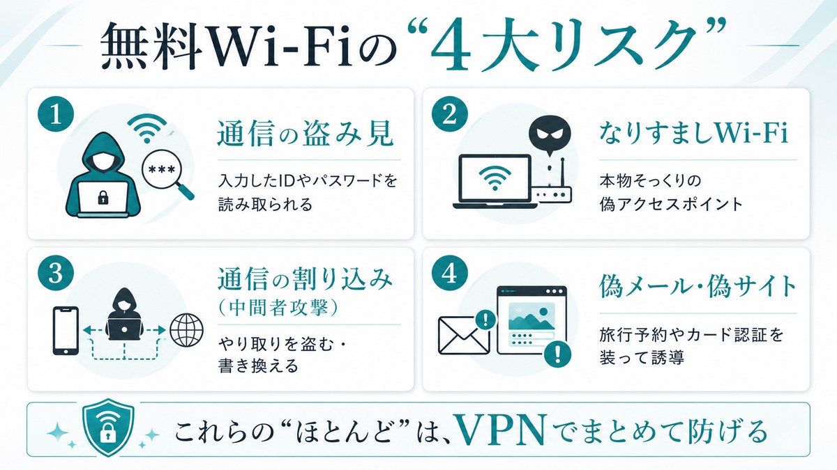 無料Wi-Fiの4大リスク：通信の盗み見・なりすましWi-Fi・通信の割り込み（中間者攻撃）・偽メール偽サイト。これらのほとんどはVPNで防げる