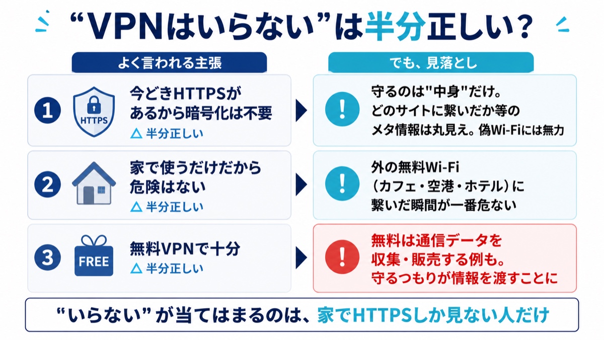 「VPNはいらない」は半分正しい？よく言われる3つの主張と、その見落としを対比した図解