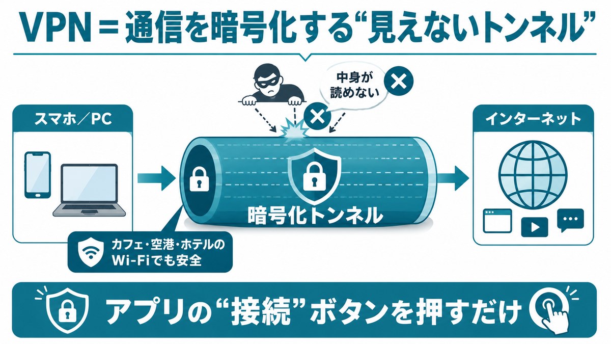 VPNの仕組み：スマホ／PCの通信を暗号化トンネルで守り、覗き見されても中身が読めない。アプリの接続ボタンを押すだけ