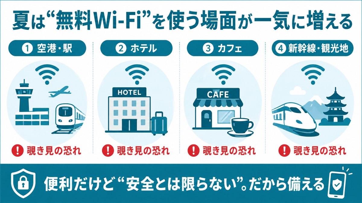 夏は無料Wi-Fiを使う場面が増える：空港・駅／ホテル／カフェ／新幹線・観光地。いずれも覗き見の恐れ