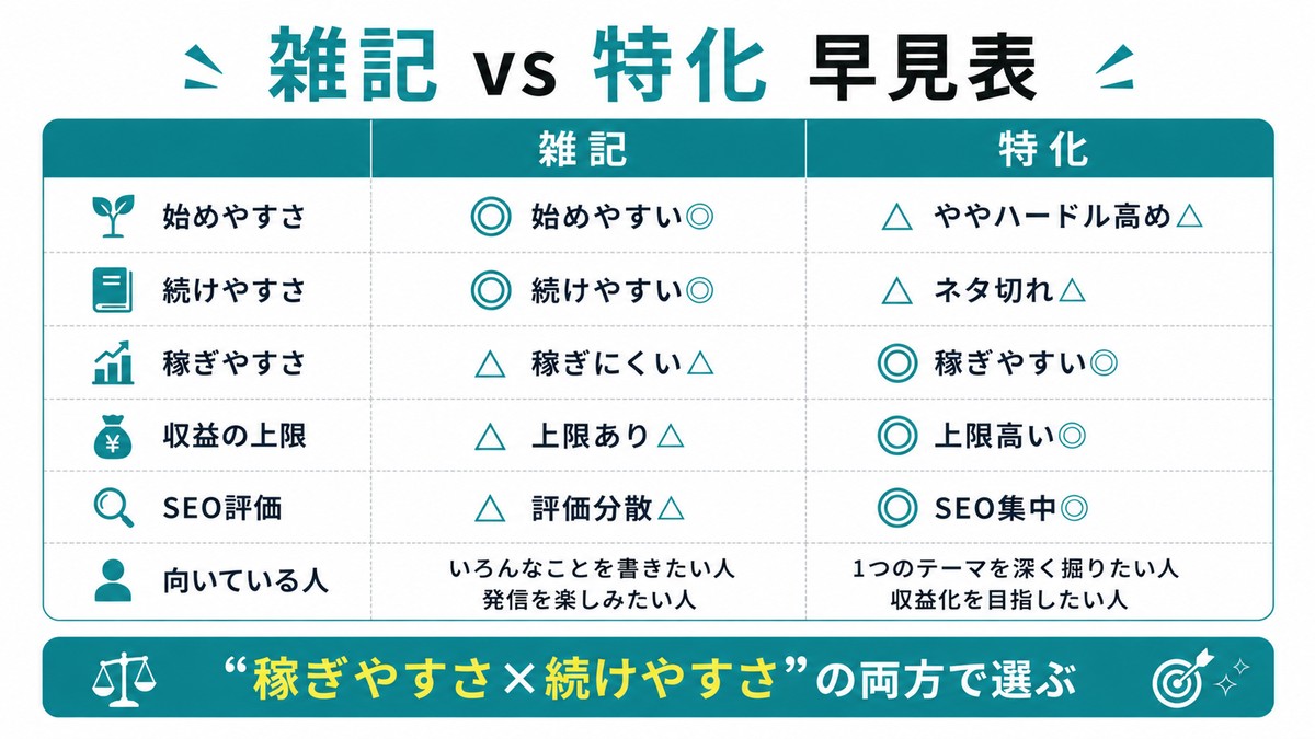 雑記vs特化 早見表:始めやすさ/続けやすさは雑記◎、稼ぎやすさ/収益の上限/SEO評価は特化◎。雑記=いろんなことを書きたい人、特化=1つのテーマで稼ぎたい人向け。稼ぎやすさ×続けやすさの両方で選ぶ