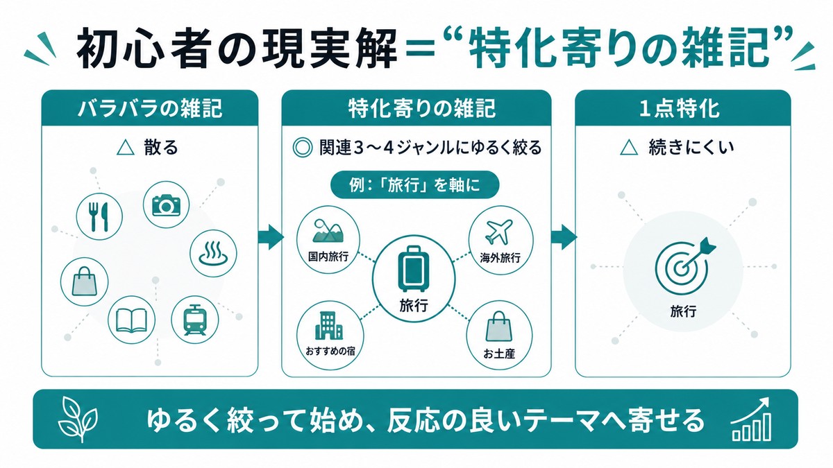 初心者の現実解=特化寄りの雑記:バラバラの雑記(散る)→特化寄りの雑記(関連3〜4ジャンルにゆるく絞る)→1点特化(続きにくい)。例:旅行を軸に国内旅行・海外旅行・おすすめの宿・お土産。ゆるく絞って始め、反応の良いテーマへ寄せる
