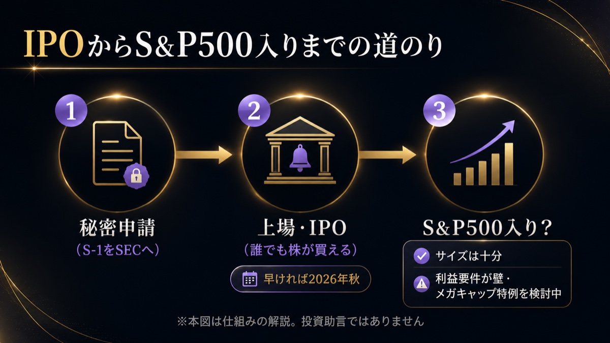 IPOからS&P500入りまでの道のり：①秘密申請（S-1をSECへ）②上場・IPO（誰でも株が買える・早ければ2026年秋）③S&P500入り？（サイズは十分・利益要件が壁・メガキャップ特例を検討中）。本図は仕組みの解説で投資助言ではありません。