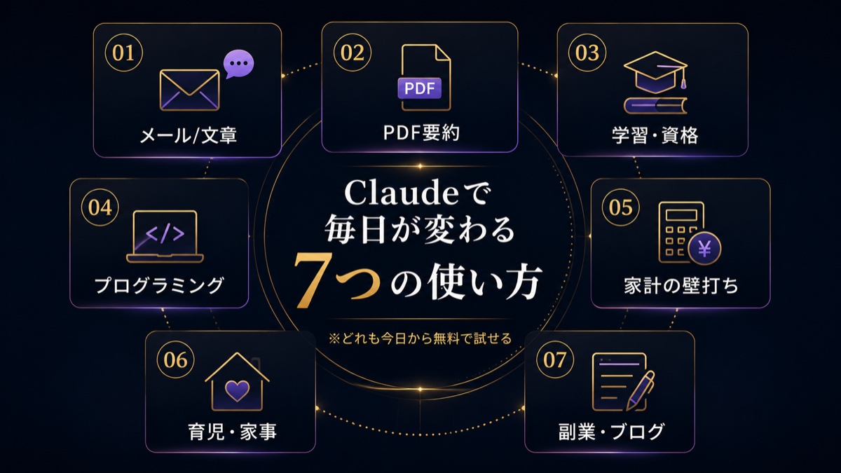 Claudeで毎日が変わる7つの使い方：①メール・文章 ②PDF要約 ③学習・資格 ④プログラミング ⑤家計の壁打ち ⑥育児・家事 ⑦副業・ブログ。どれも今日から無料で試せる。