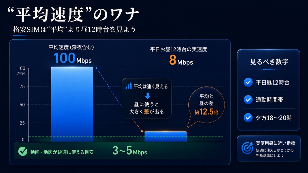 格安SIM（MVNO）は昼の混雑時間に速度が激落ちする一方、自社回線の楽天モバイルは落ちにくいことを示す図解